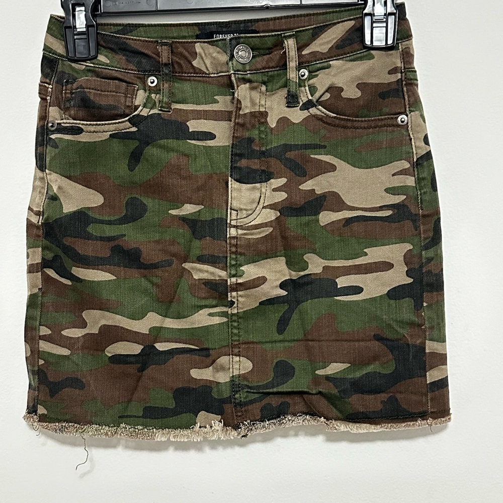 Camouflage Denim Mini Skirt | Raw Hem & Distressed Camo Print